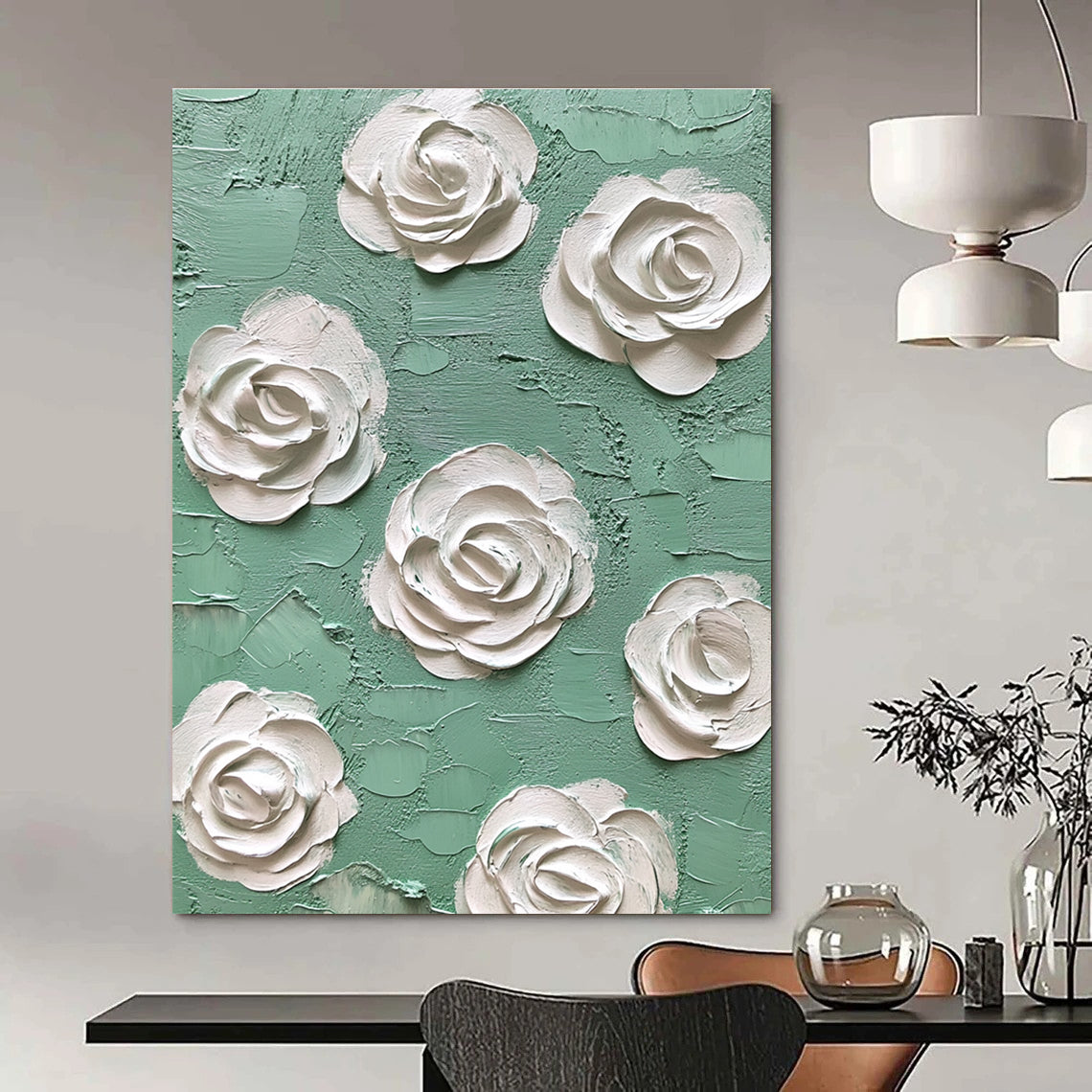 Abstract oil painting featuring mint and white roses with textured impasto layers in green and cream tones, a fine art masterpiece of high detail.STSC1350
