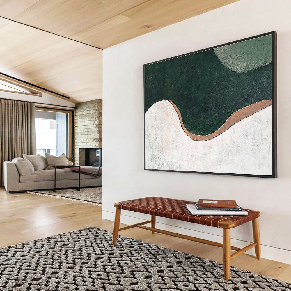 A large abstract painting featuring organic green and white curves, brown accents, resembling a river from an aerial view. Minimalistic design.SC532