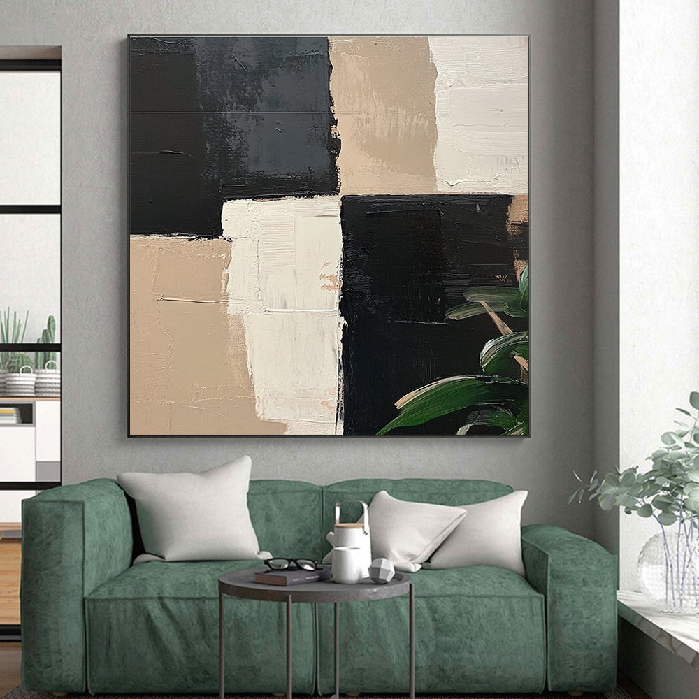 Black Beige and White Abstract Painting with Geometric Blocks GER052