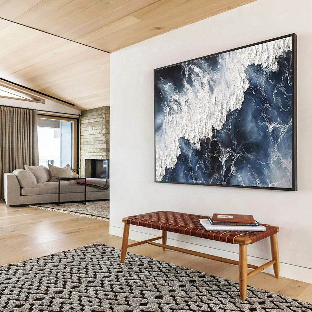 Dynamic Ocean Wave Abstract Painting with Bold Blue and White THY252