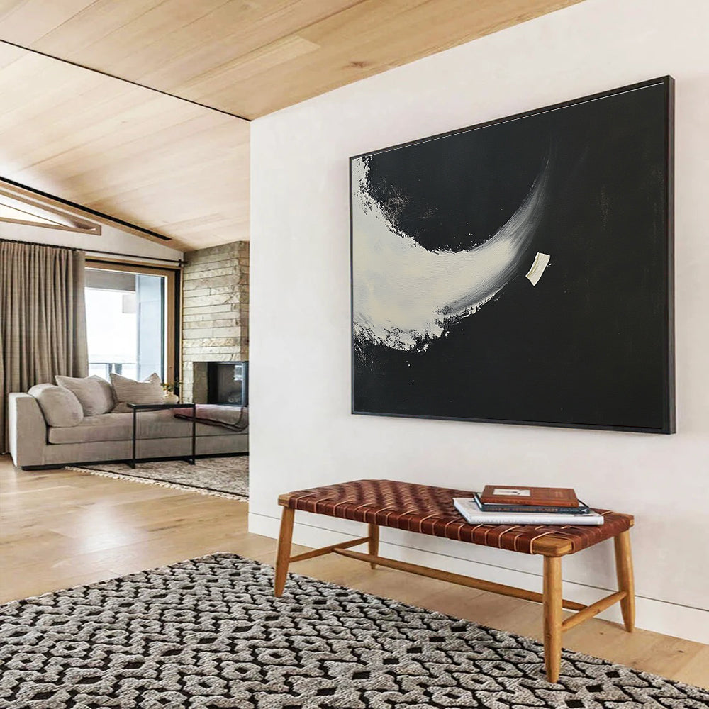 Black and White Crescent Abstract Painting with Bold Shapes DYP256