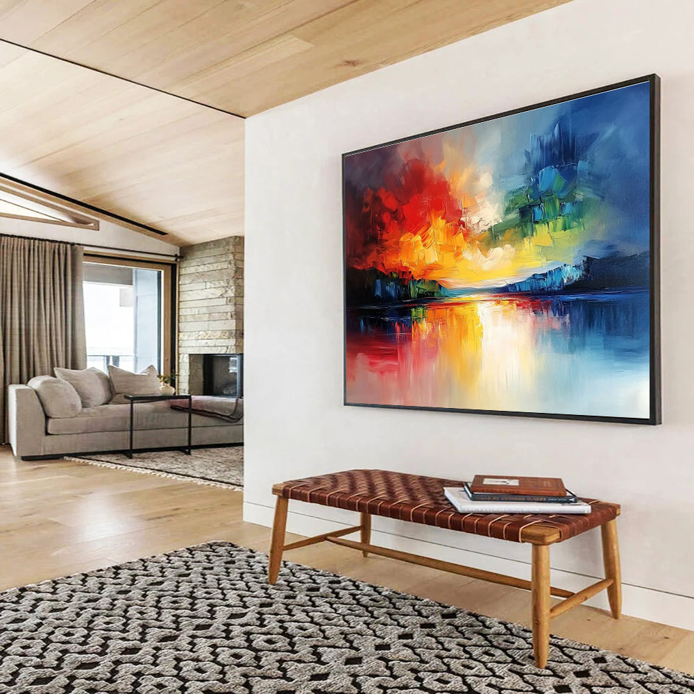 Large abstract landscape painting featuring a vibrant sky and reflective water with bold brushstrokes and rich textures.SC077