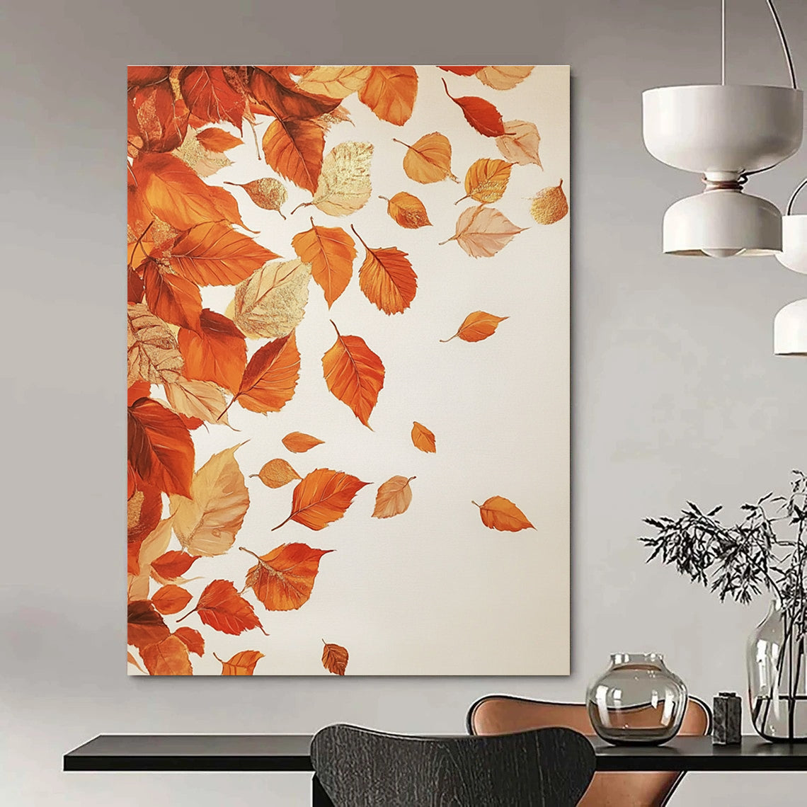 Large abstract painting of falling autumn leaves in Caravaggio style with gold leaf highlights on a white background.STSC1125
