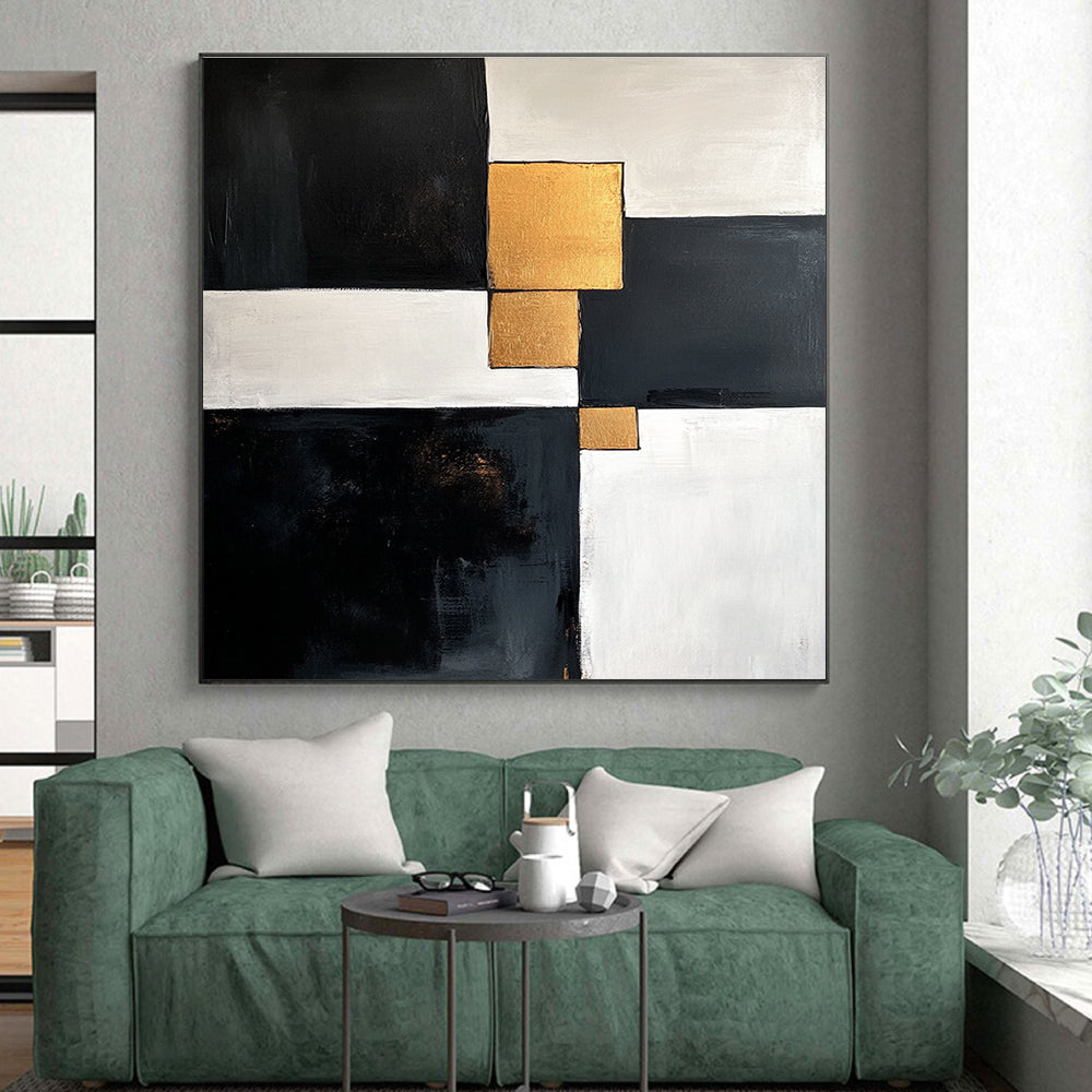 Black White and Gold Abstract Painting with Geometric Gold Accents GER667