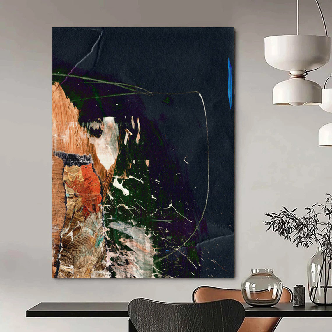 Dark Collage with Vibrant Accents Abstract Painting ADGE170