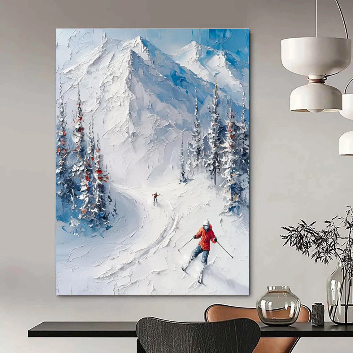 Textured Snow Mountain Ski Scene Abstract Painting with Blue and White ADGE313
