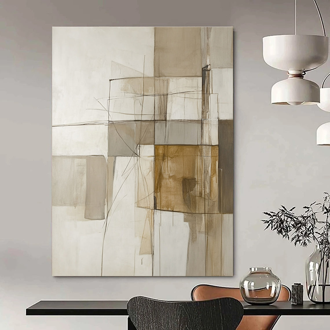A large abstract painting of an architectural structure in soft neutral tones featuring lines and shapes in beige white grey and brown.STSC638