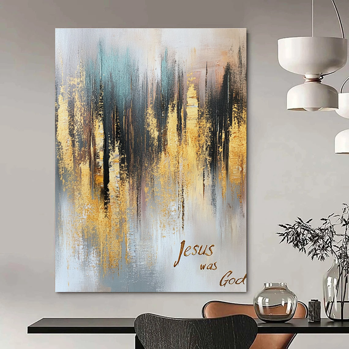 Large abstract oil painting of a gold and gray forest with muted colors gold foil accents and cursive text stating Jesus was God.STSC166
