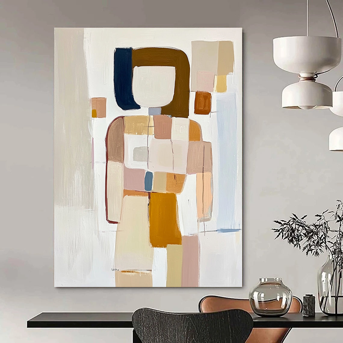 Large abstract painting featuring textured geometric shapes in pastel beige pink and blue on a soft white background creating a sense of movement and depth.STSC241