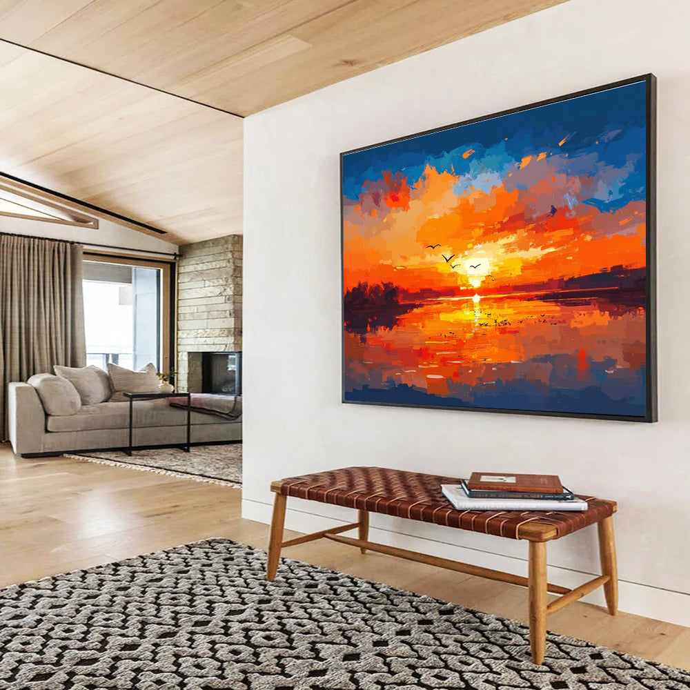 Large abstract painting featuring birds over water warm colors brush strokes reflections sunset sky tranquil atmosphereSC284