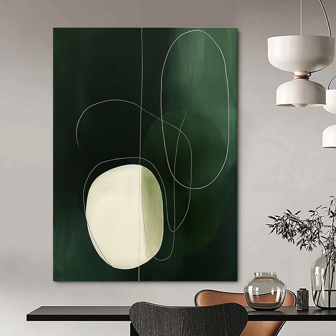 Large abstract painting featuring simple white and green shapes, an oval with delicate outlines, creating a serene and elegant atmosphere.STSC131