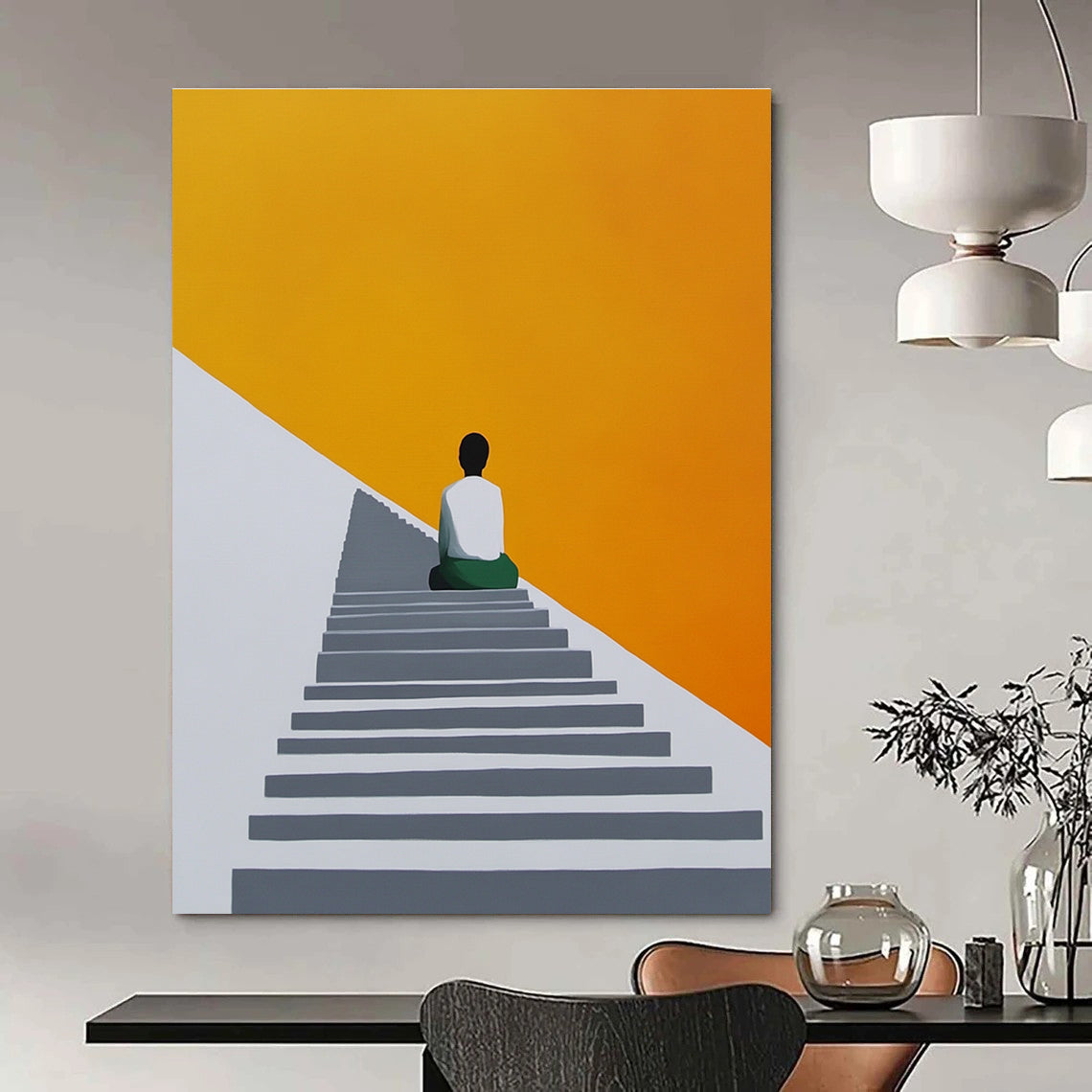 An abstract painting featuring a figure on stairs with a grey white and orange palette against a yellow background in a minimalist geometric style.STSC1155