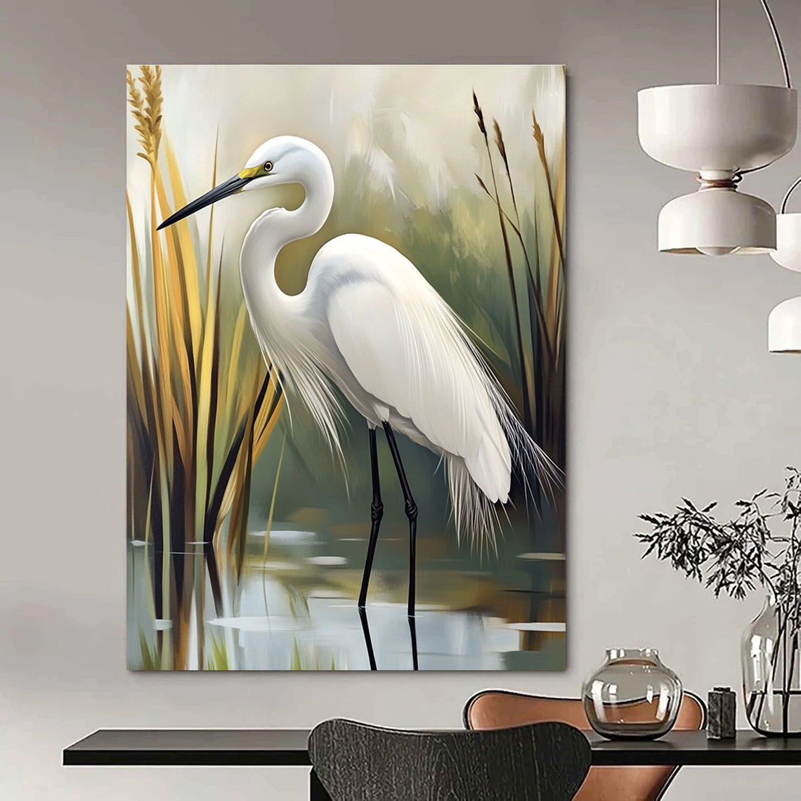 Abstract painting of an egret in a serene marsh setting featuring soft feather textures and tranquil green and gray hues.STSC1293