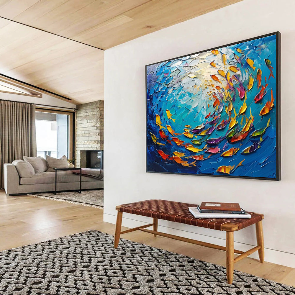 Colorful Fish School Abstract Painting with Blue, Yellow, and Colorful Fish THY199