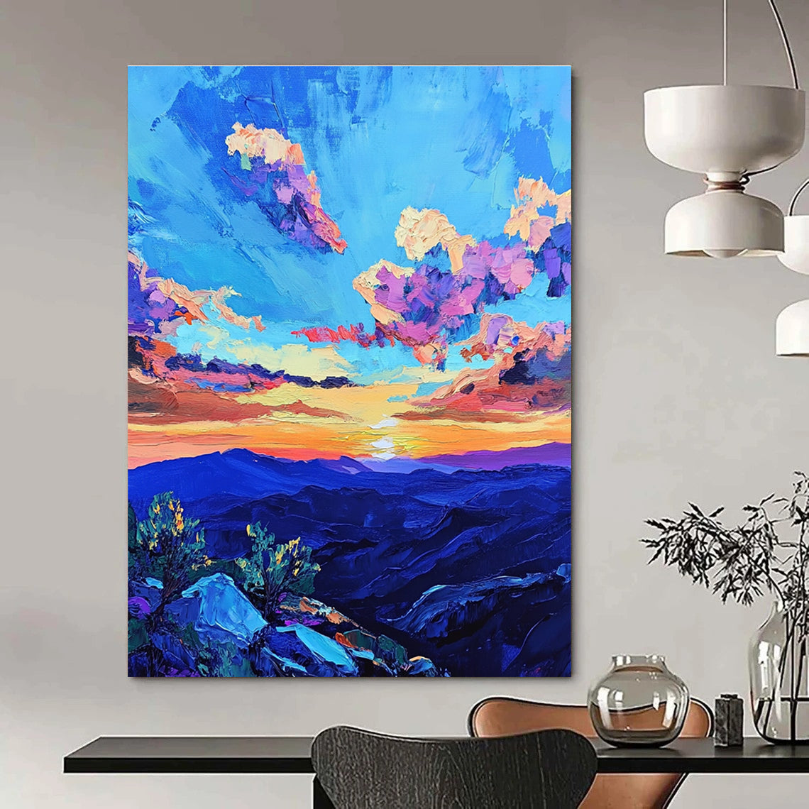 Large abstract painting of a vibrant sunset sky over rugged New Mexico mountains featuring bold colors and dramatic brush strokes inspired by Van Gogh.STSC1457
