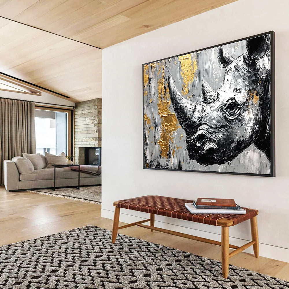 Textured Rhino Portrait Abstract Painting with Gold Accents DYP327