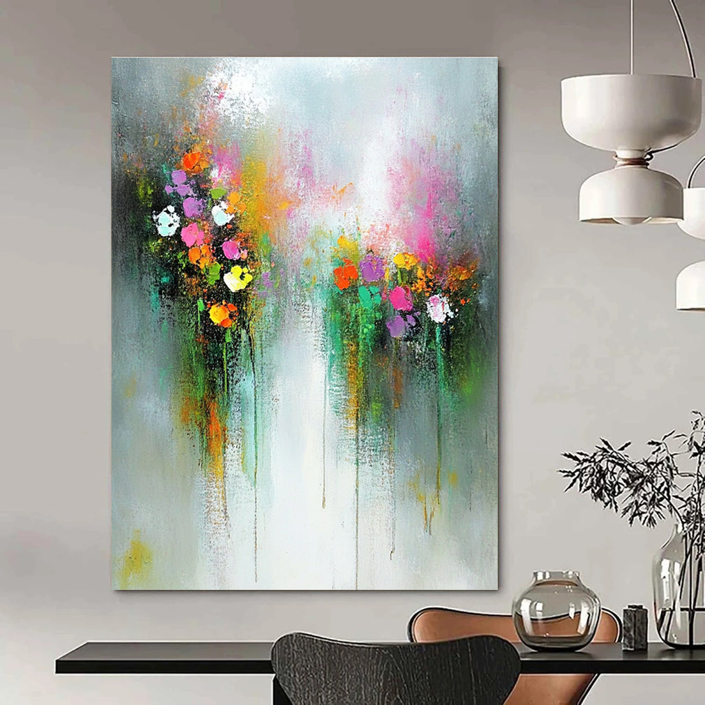 Large abstract oil painting of ethereal flowers in an enchanted garden featuring muted pastel colors on a white background.STSC182