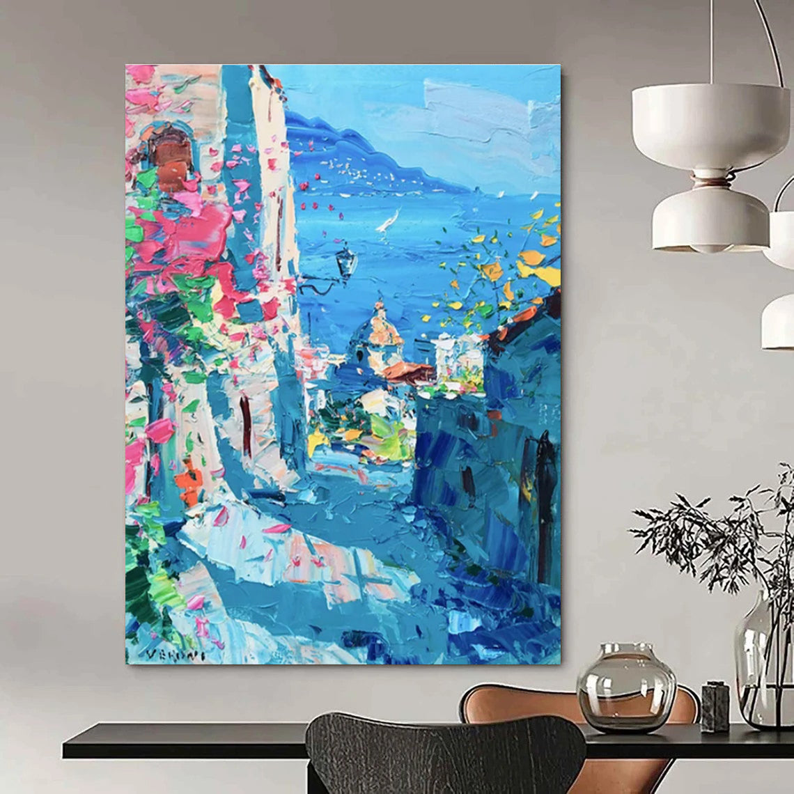 Coastal Town Abstract Painting with Blue and Pink Hues ADGE530