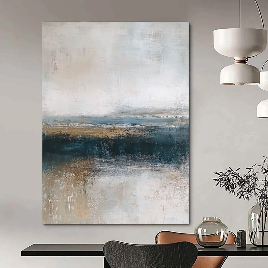 Large abstract painting depicting textured ocean waves in blue and gray with a soft beige sky and earthy shore tones for a tranquil ambiance.STSC463