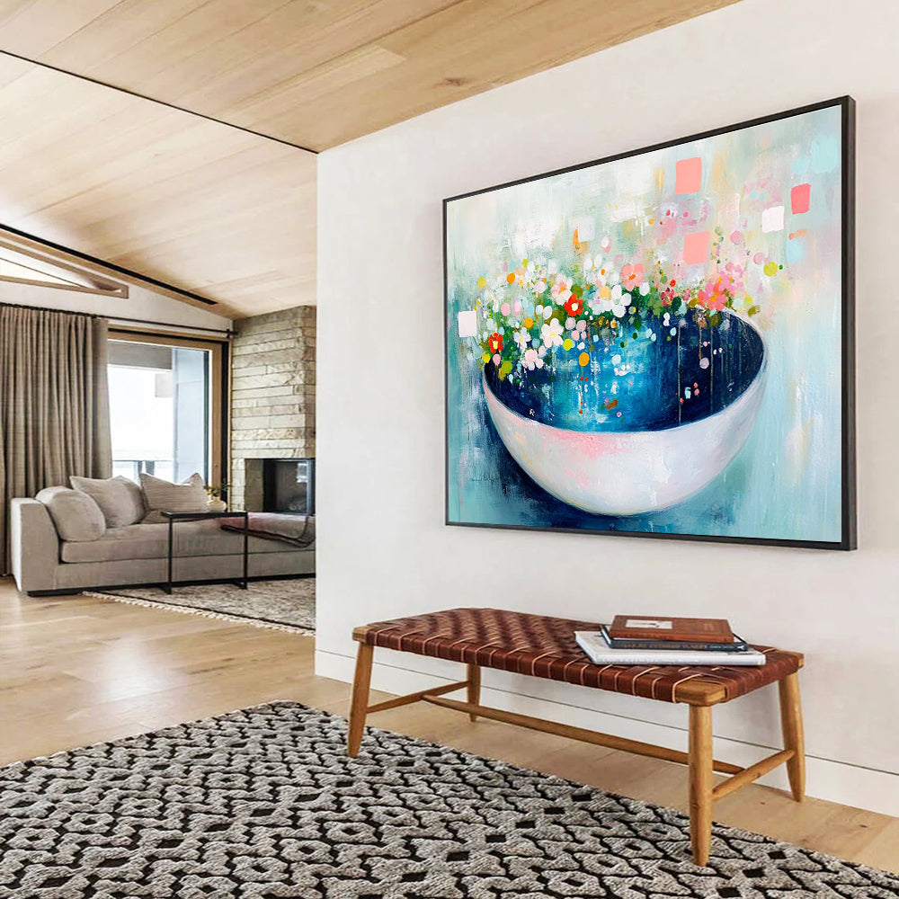 Floral Bowl Abstract Painting with Colorful Flowers DYP494