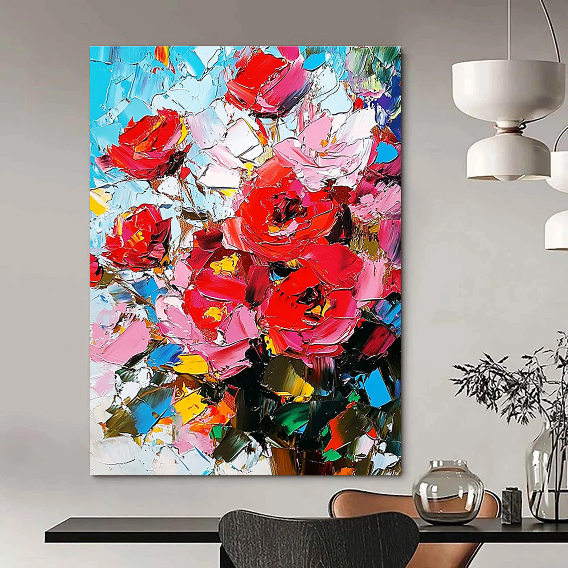 Large abstract painting featuring red roses with a palette knife technique showcasing high-contrast pink and blue hues on canvas.STSC927