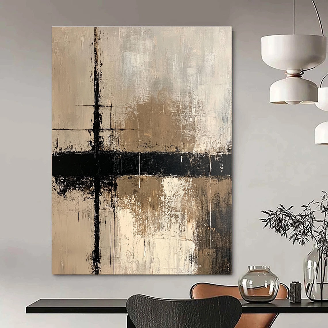Large abstract painting with beige white and black lines on dark gray textured background featuring a prominent cross evoking tranquility and mystery.STSC437