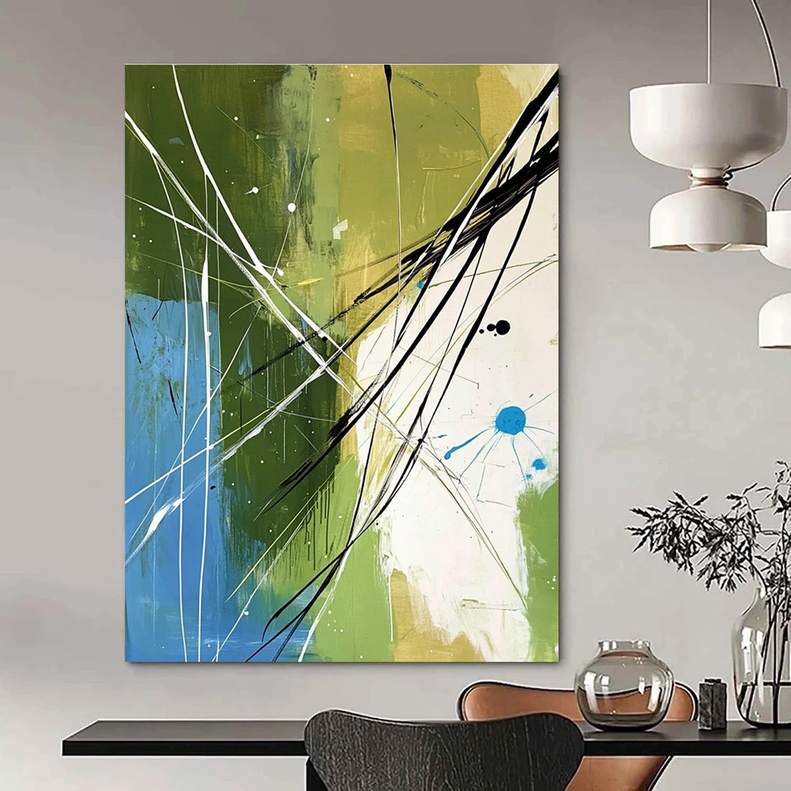 Large abstract painting featuring organic lines and shapes in green blue and white with black elements creating depth and movement for modern decor.STSC320