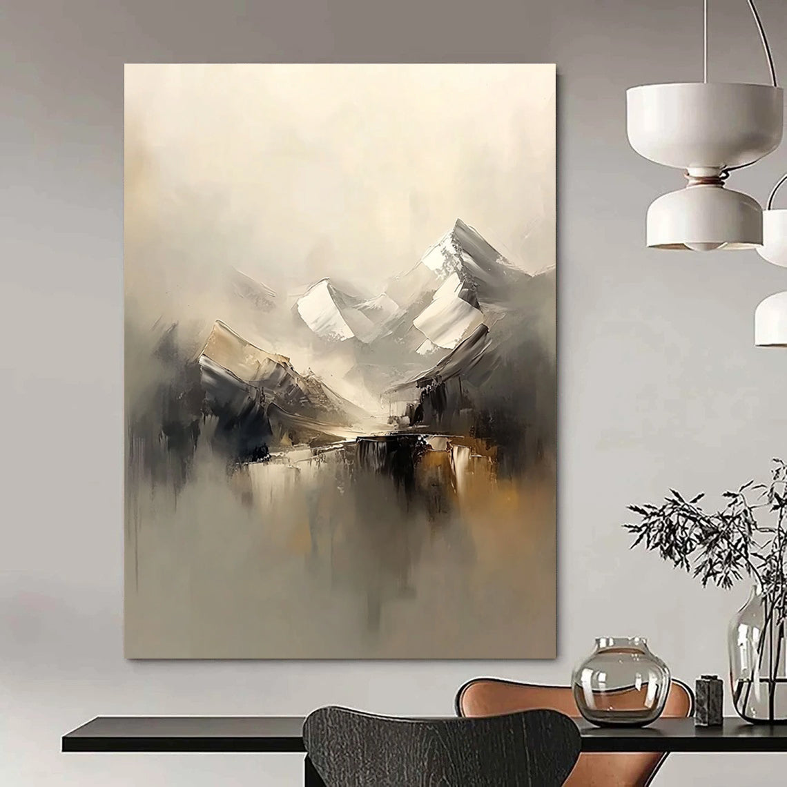 Abstract painting of snowy mountains in a foggy beige and grey palette featuring soft brush strokes for a serene atmosphere.STSC699