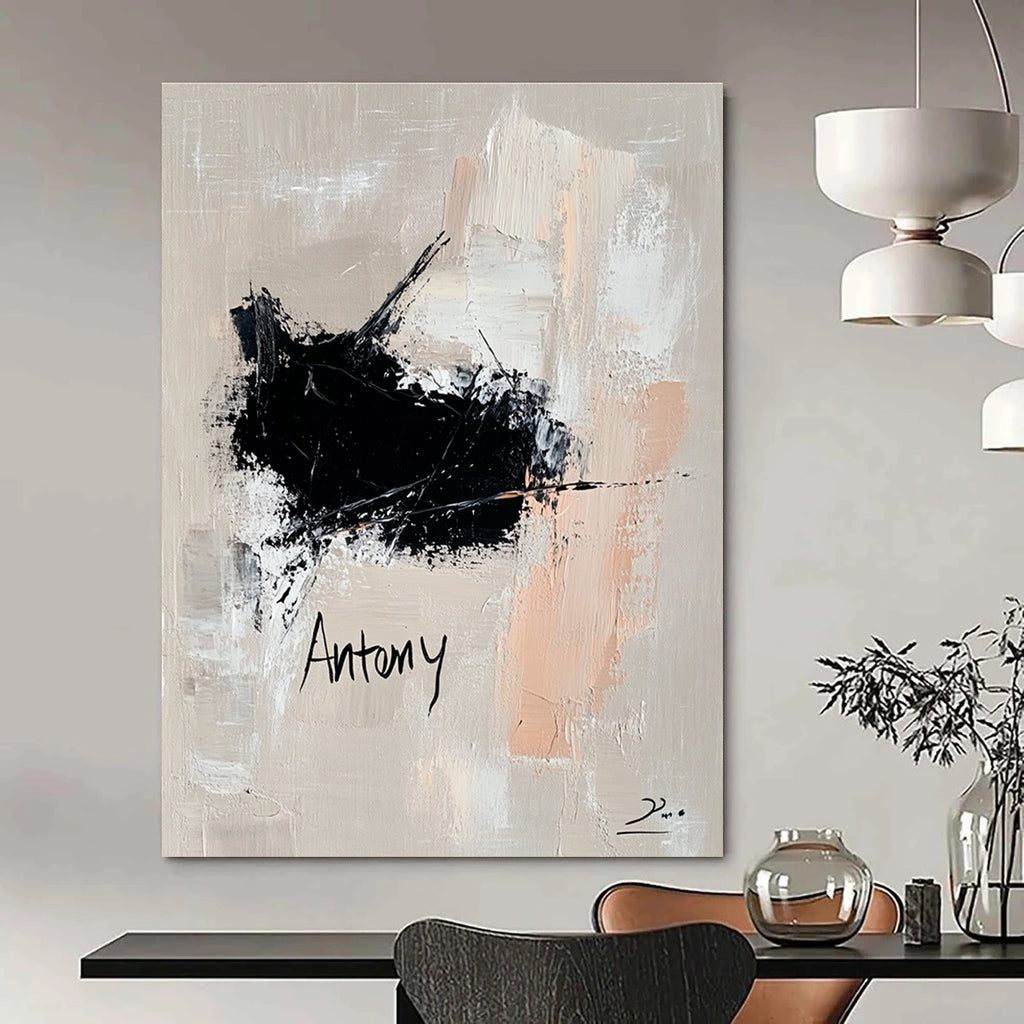 Large abstract oil painting features a black and white impasto cat with neutral tone text on a soft gray background, exuding modern elegance.STSC1088