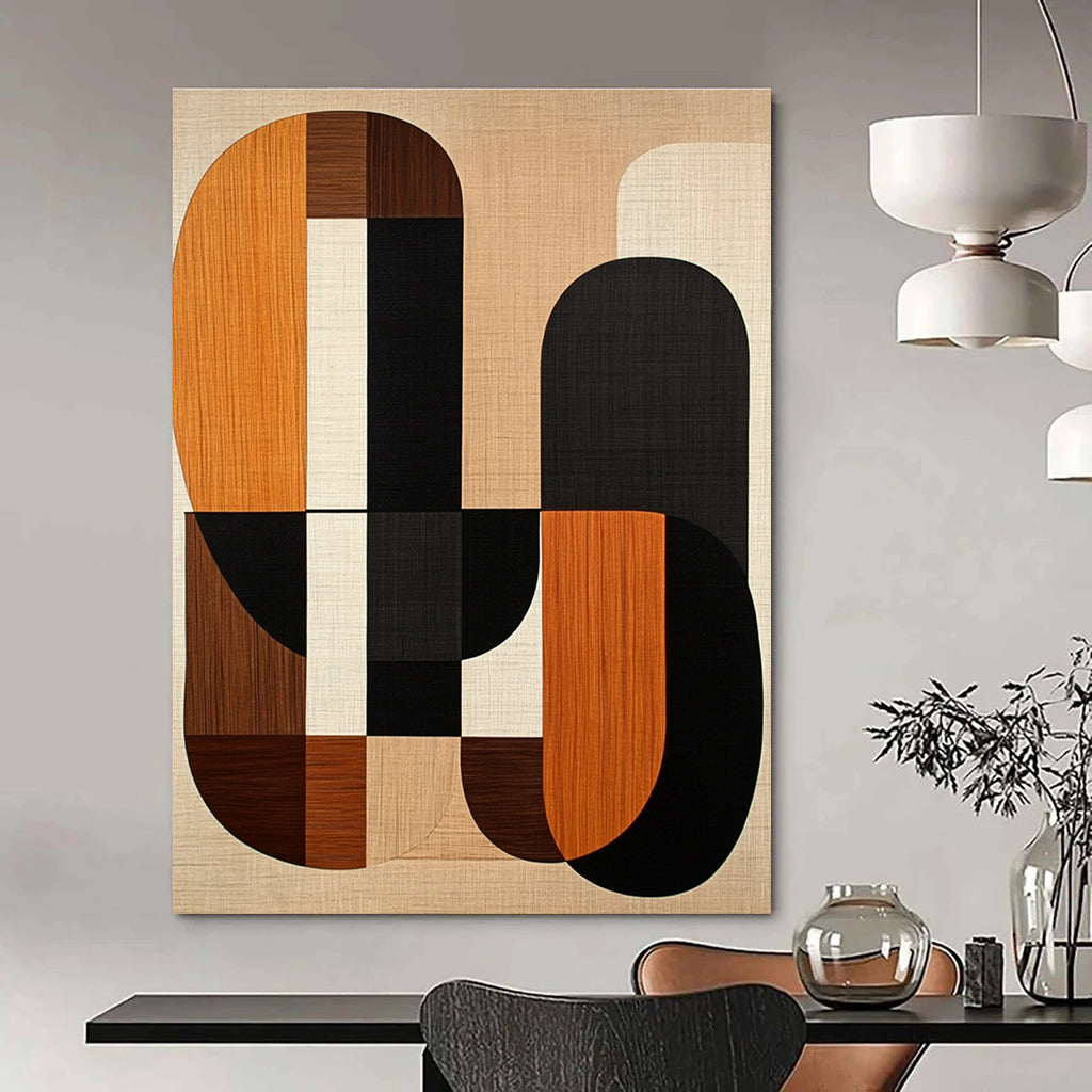 Large abstract artwork featuring mid-century modern shapes in earth tones with wood grain and black lines on a beige background.STSC1319