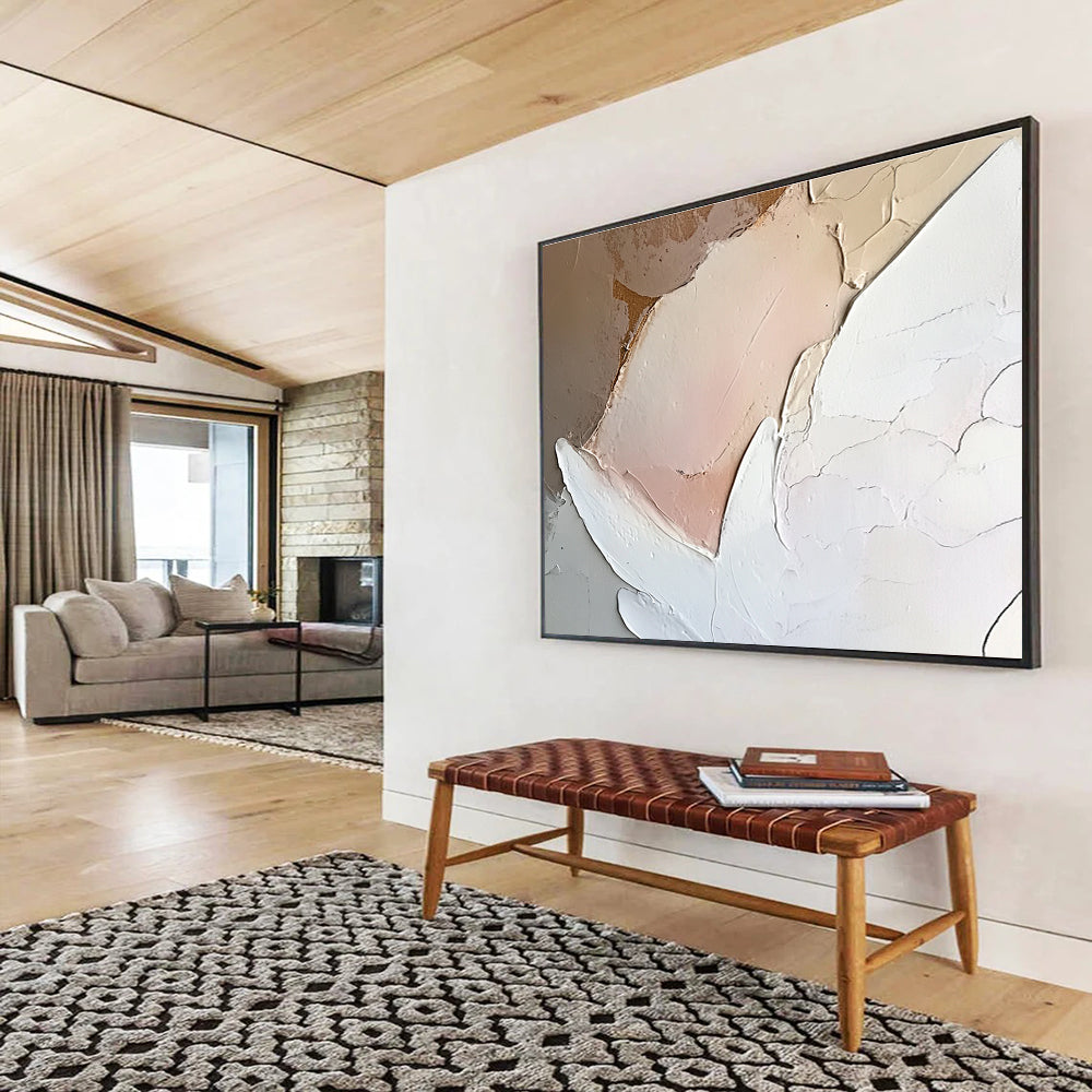 Large abstract painting of an angel featuring neutral colors and soft pink and white tones with heavy brush strokes on canvas.SC152