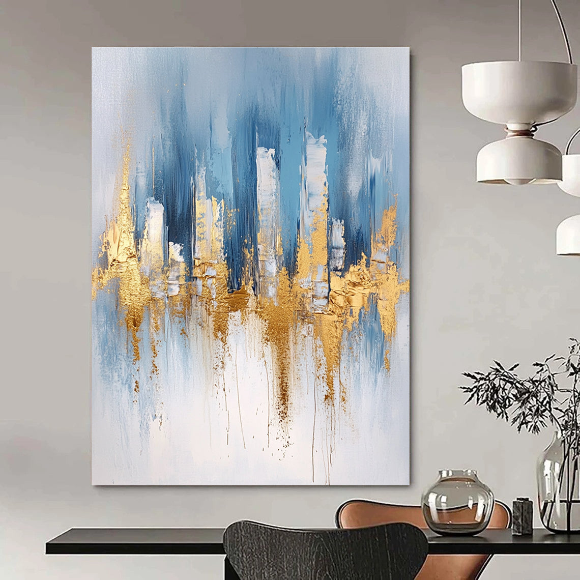 Large abstract blue and gold painting with urban landscape details light gray brushstrokes and elegant gold foil accents on canvas edges.STSC033