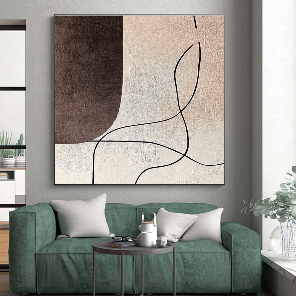 Brown and Beige Abstract Painting with Curved Black Lines GER181