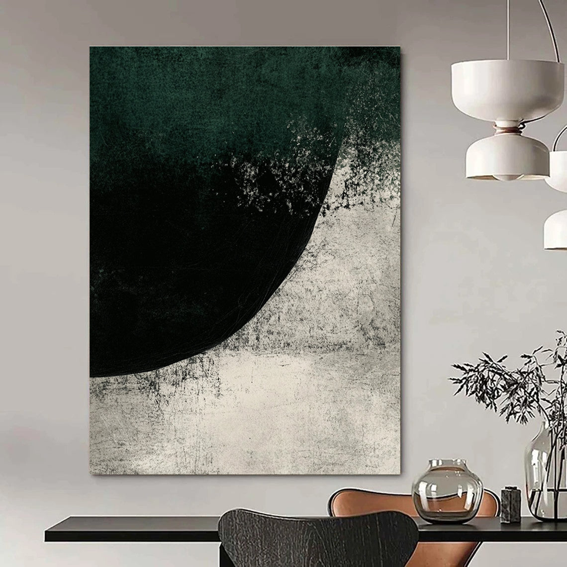 Large abstract painting featuring dark green and gray tones with ink texture and a mysterious rounded shape creating a cold nature-inspired atmosphere.STSC524