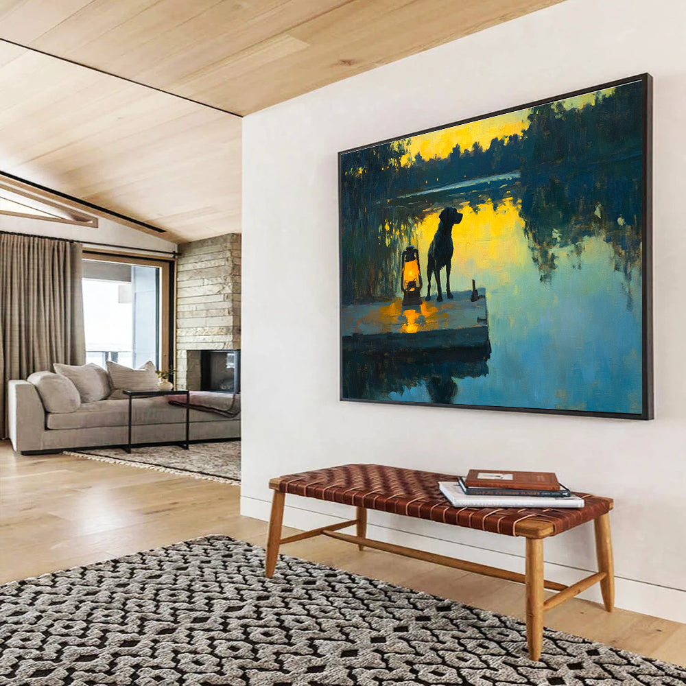 Dog by the Lake at Sunset Realistic - Abstract Painting with Warm Yellows DYP591