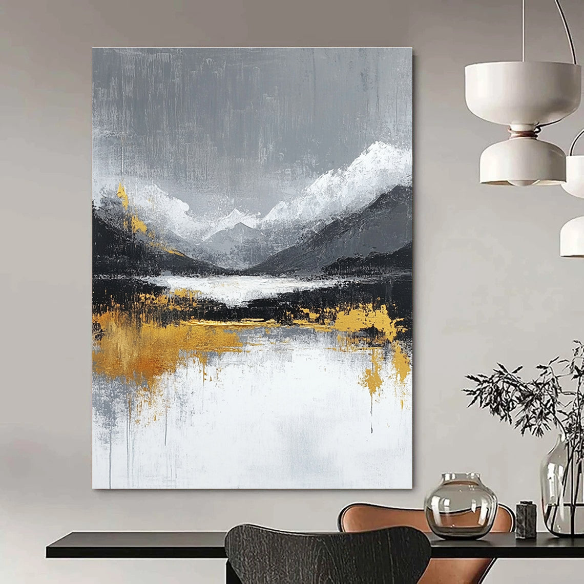Large abstract painting featuring gray and white background with gold lines evoking tranquility and luxury in a minimalist Chinese landscape style.STSC224