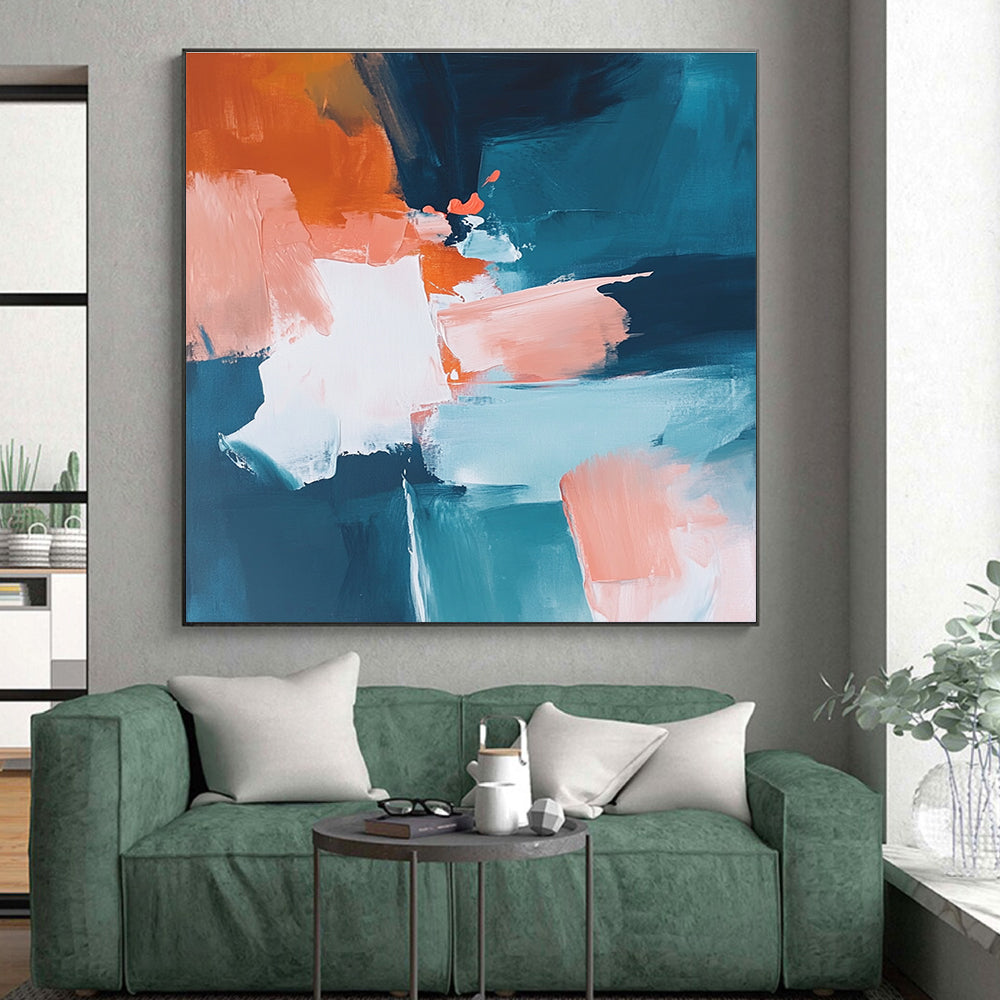 Blue Orange Abstract Painting with Dynamic Color Blocks GER790