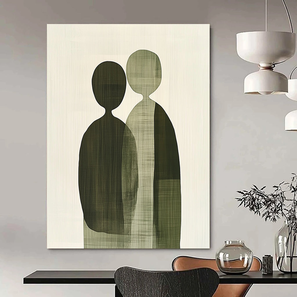 A large abstract painting featuring green and gray shapes with subtle textures, depicting unity and connection through minimalist design and soft tones.STSC1075
