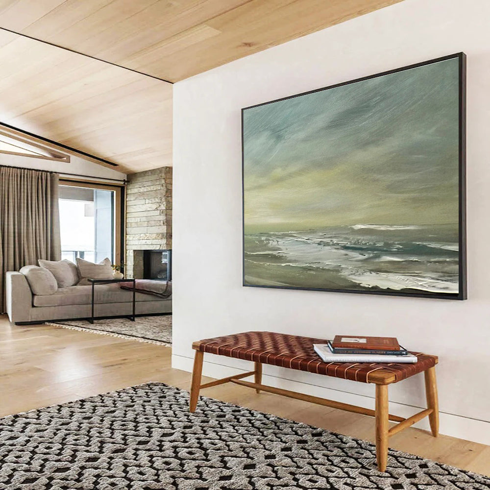 Muted Green Grey Sea Sky Abstract Painting THY026