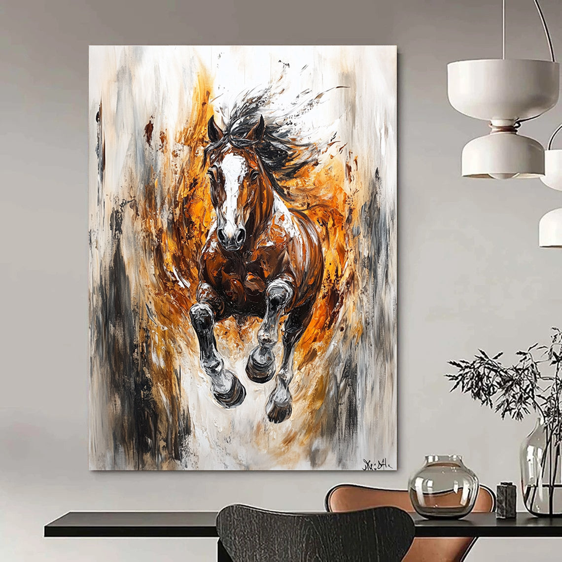 Large abstract painting featuring a wild horse in motion with dynamic colors and strong contrasts embodying speed and freedom.STSC1368
