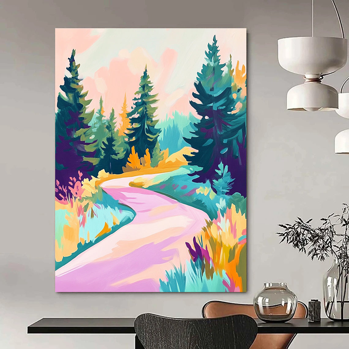 Abstract painting featuring an alpine road with pine trees in shades of teal purple pink and yellow using a soft-focus acrylic technique.STSC1019