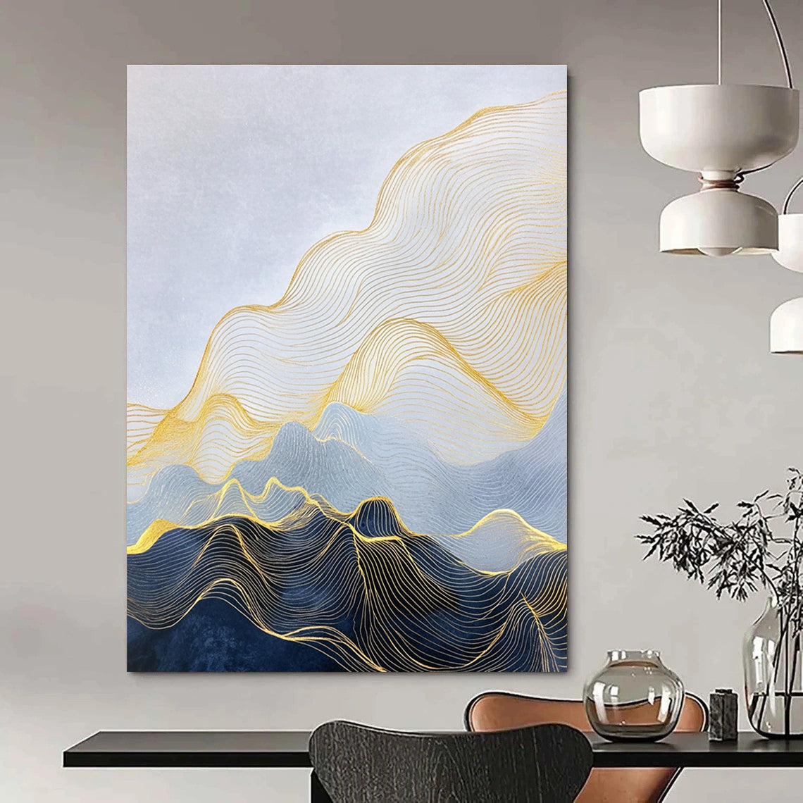 Large abstract painting depicting a minimalist landscape with golden lines forming mountains and delicate details in smooth waves and curves.STSC1257