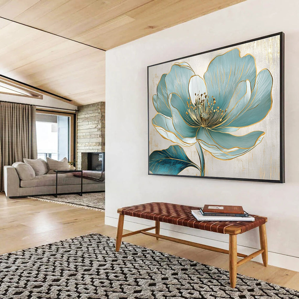 A large abstract painting featuring a turquoise flower with golden lines and exquisite realism on a beige background with elegant gray accents.SC423