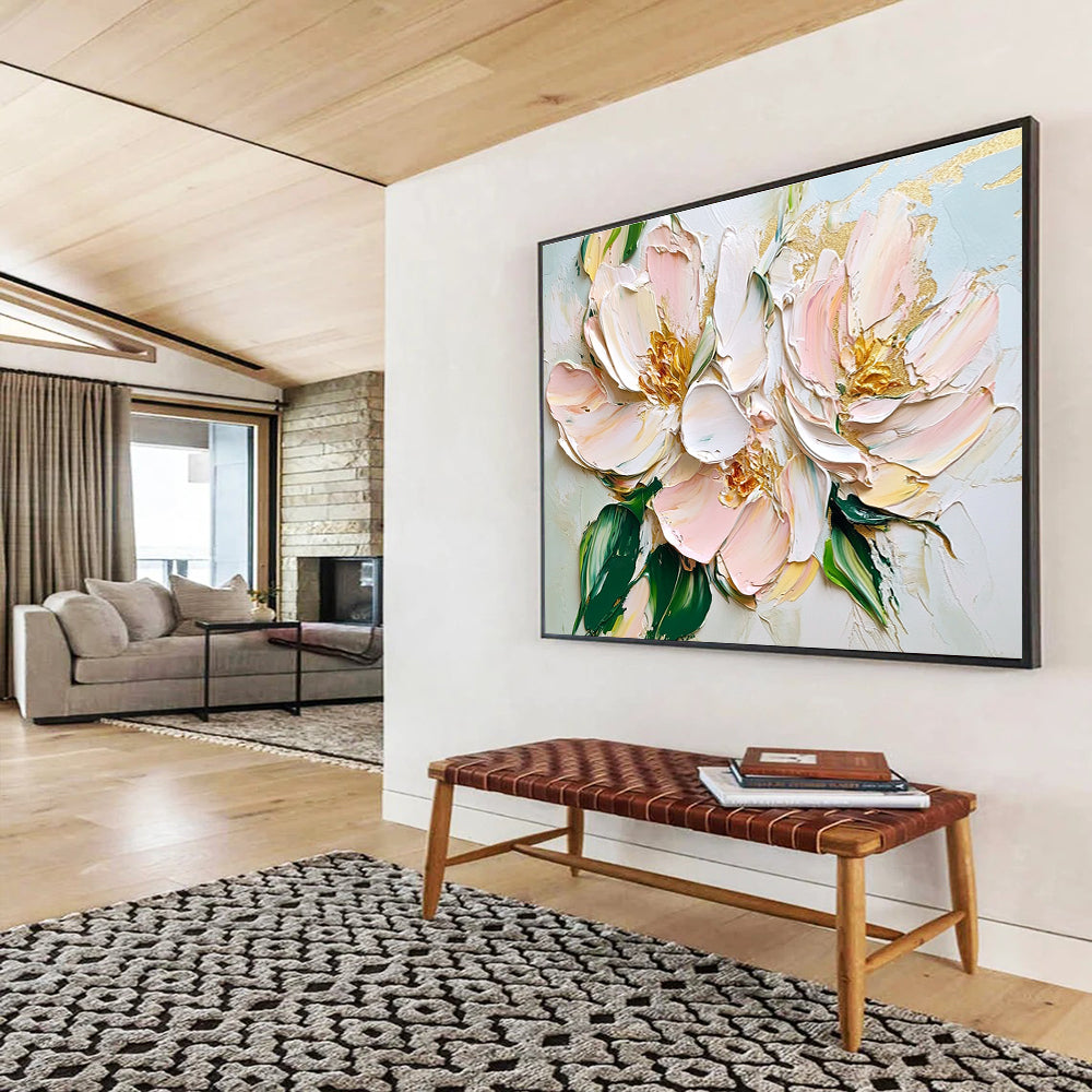 Large abstract oil painting featuring light pink and white flowers with green leaves and gold accents in a thick brushstroke palette knife style.SC123