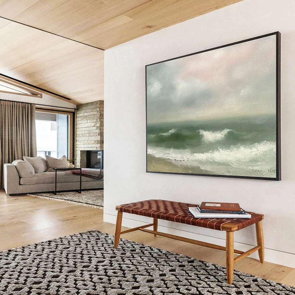 Large abstract painting depicting a vintage seascape with green and gray waves, an empty beach, and a soft pink sky in muted pastels.SC565