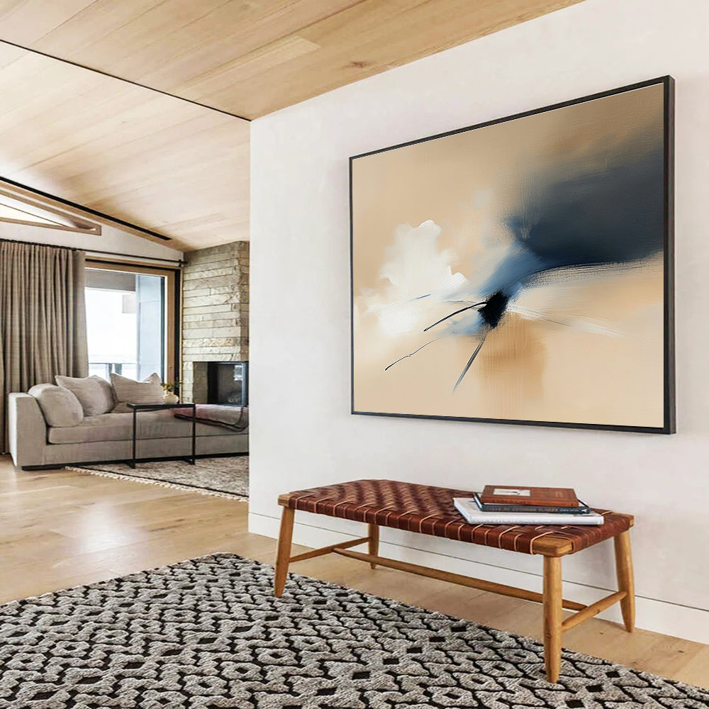Large abstract painting featuring ethereal cloud forms in beige and blue tones with smooth brushwork and soft edges.SC178