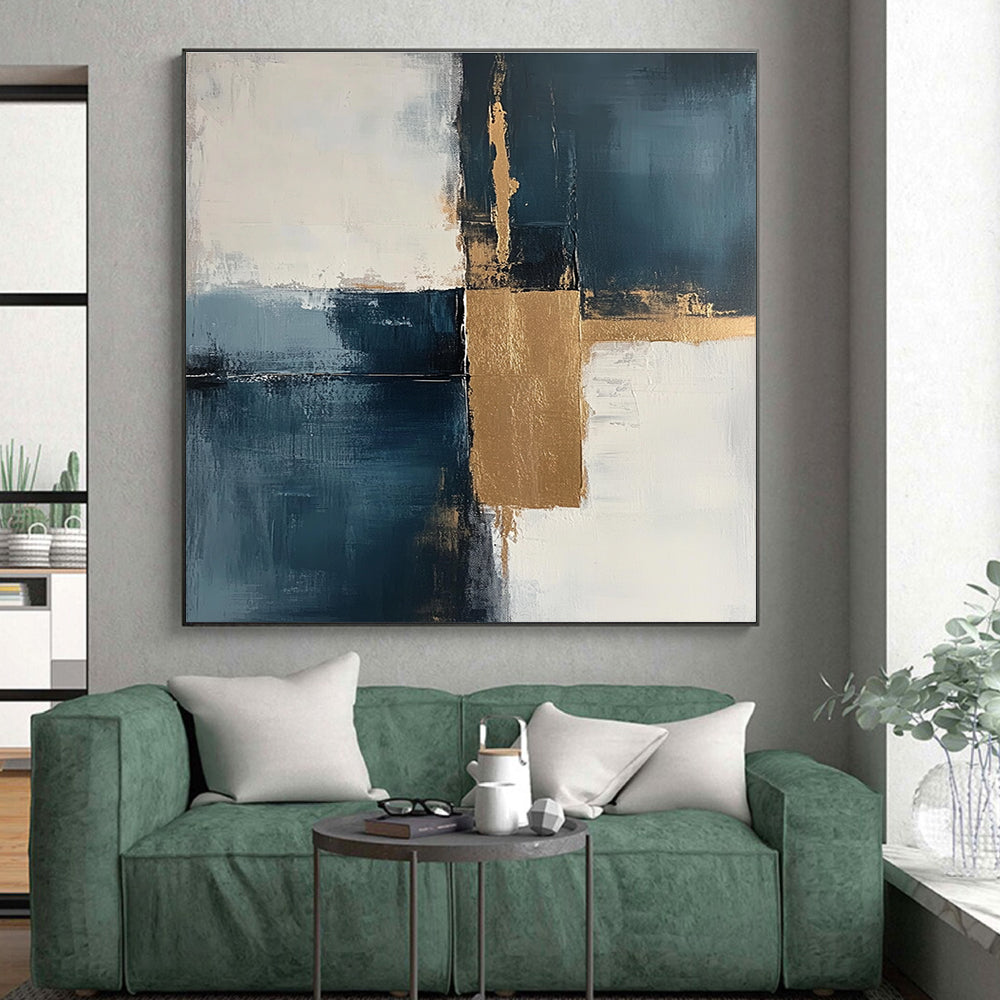 Muted Blue and Gold Abstract Painting with Understated Luxury GER377