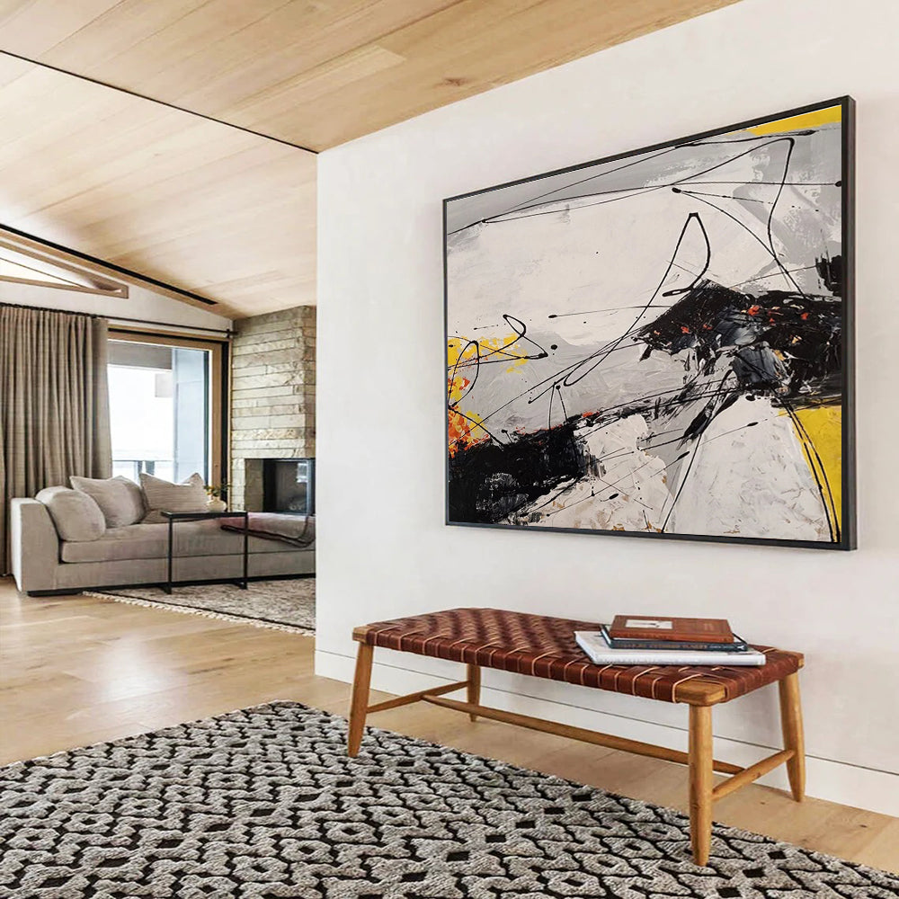 Black Yellow Grey Dynamic Lines Abstract Painting THY029