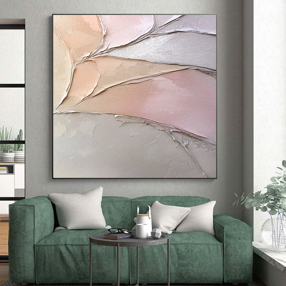 Pink and Beige Textured Abstract Painting with Leaf - like Forms GER053
