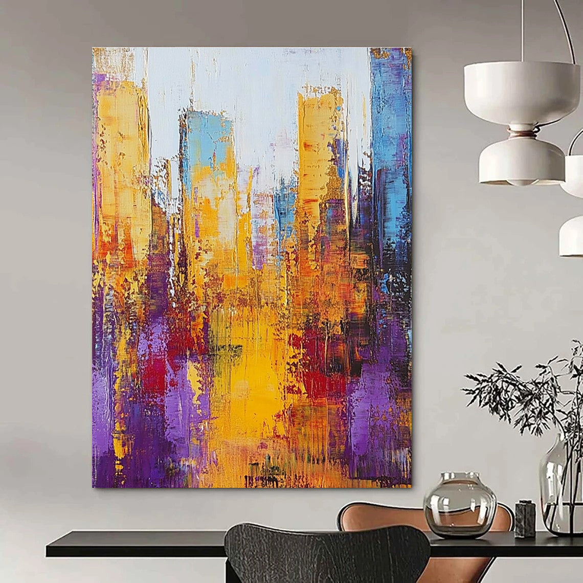 Large abstract painting of a cityscape with thick brush strokes in gold and purple on a textured canvas.STSC161
